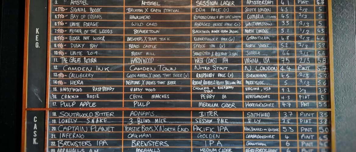 Choice of beers on blackboard at Pint Shop Cambridge